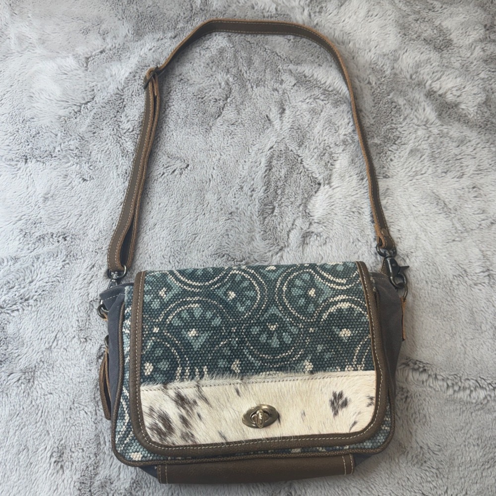 Myra‎ Bag Canvas Cowhide Rug Tapestry Crossbody Bag Teal Brown S-1250 - Picture 2 of 16